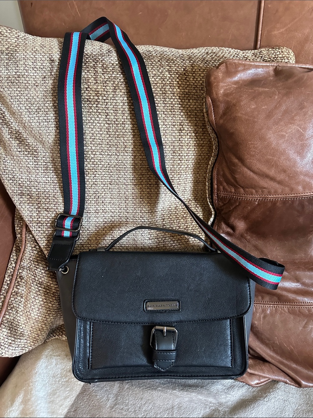 Adrienne Vittadini Black Shoulder Messenger with Red & Blue Striped Strap